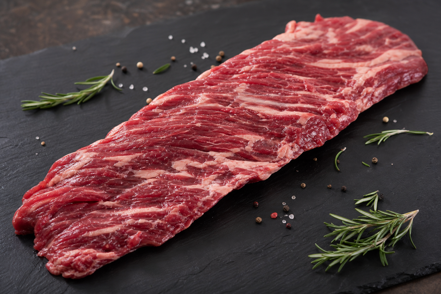 Raw skirt steak on slate surface displaying its thin, textured appearance