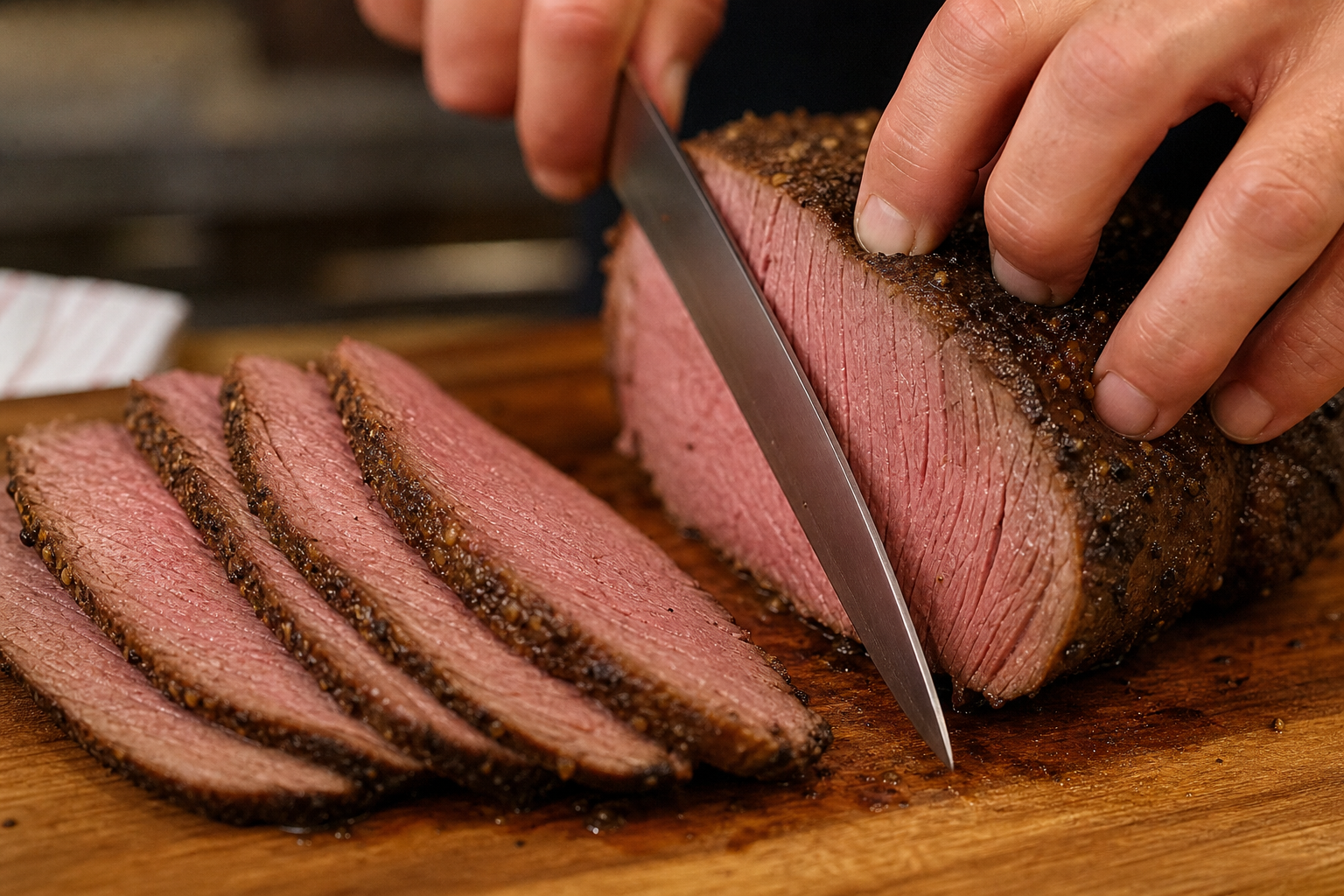 Why Is My Roast Beef Stringy? Cut Selection & Temperature Guide 9 Chef slicing roast beef perpendicular to the muscle grain direction with sharp knife