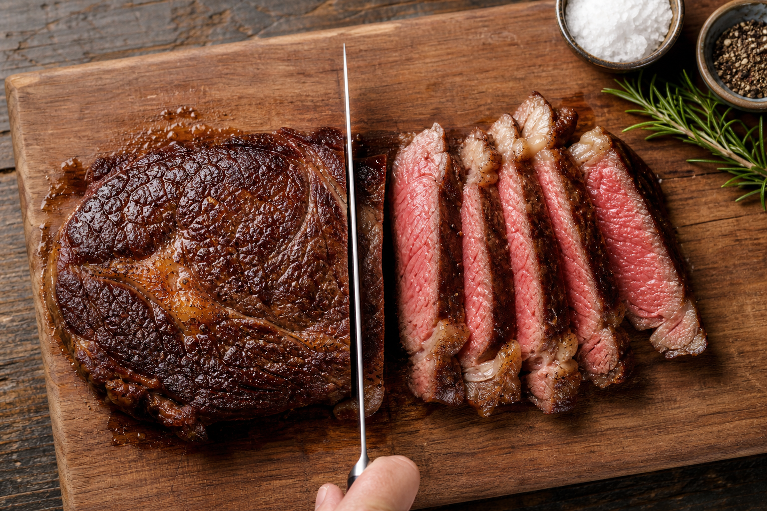 Ribeye steak being sliced against the grain on wooden cutting board with chef's knife