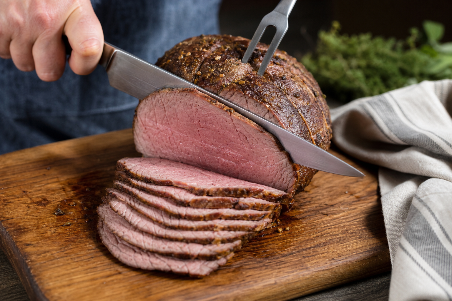 How to Cook Eye of Round Roast (Cheap Beef Done Right) 10 Thin slices of eye of round roast being carved against the grain