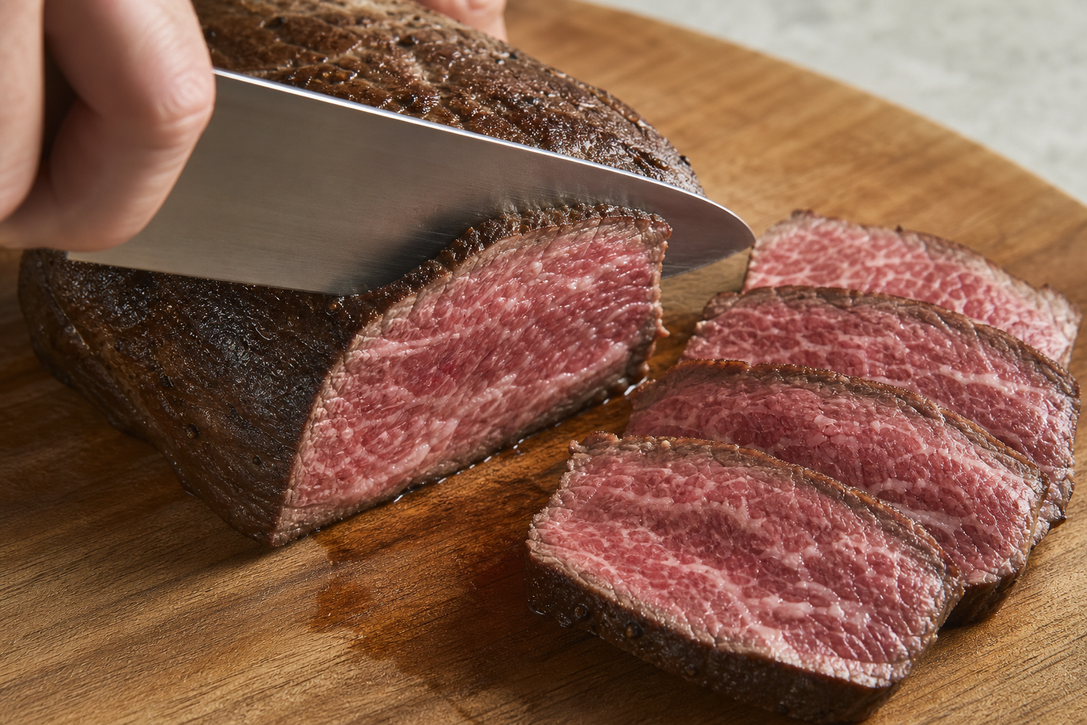 Beef roast being sliced into individual steak portions on a wooden cutting board