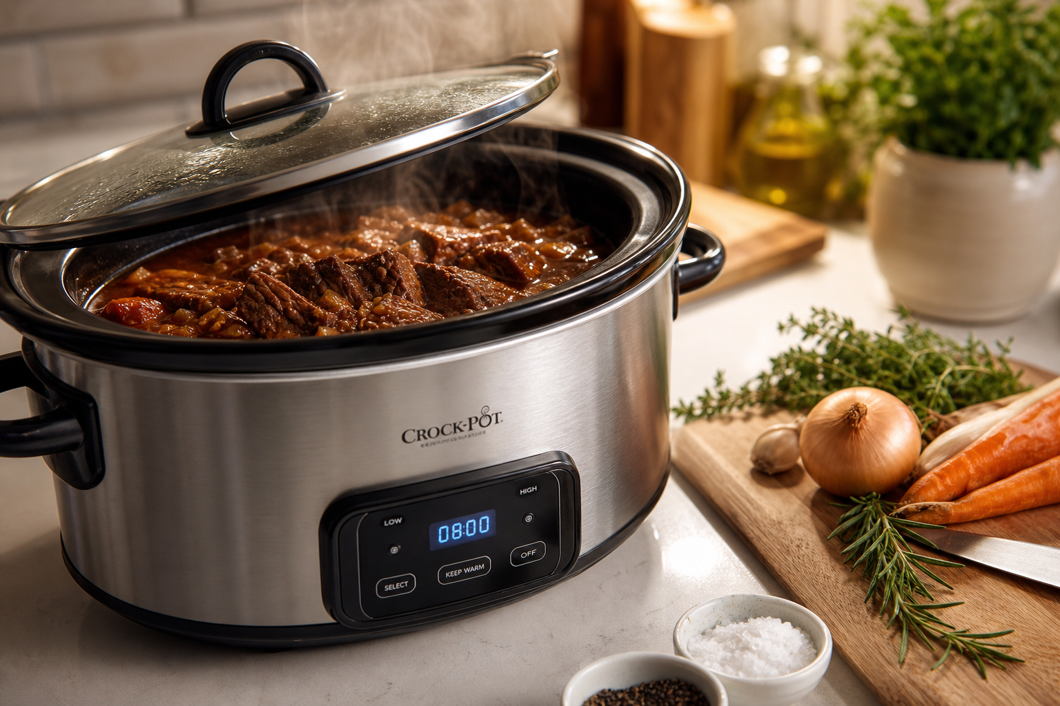 Slow cooker with beef cooking in rich gravy on kitchen counter