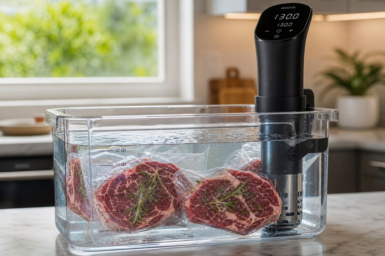 Sous vide precision cooker in water bath with vacuum-sealed beef