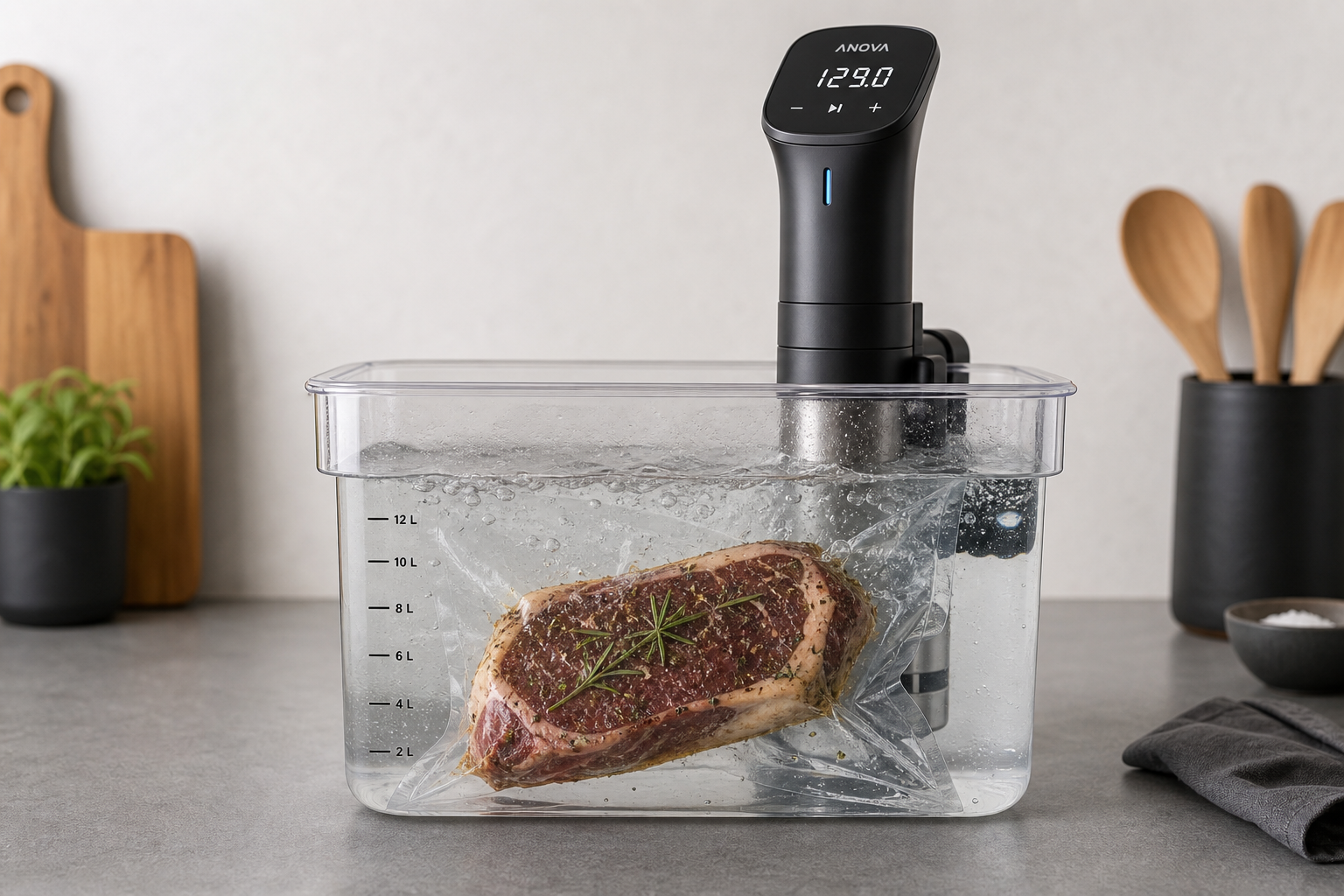 How to Reheat Steak Without Drying It Out 10 Vacuum-sealed steak in sous vide water bath with immersion circulator