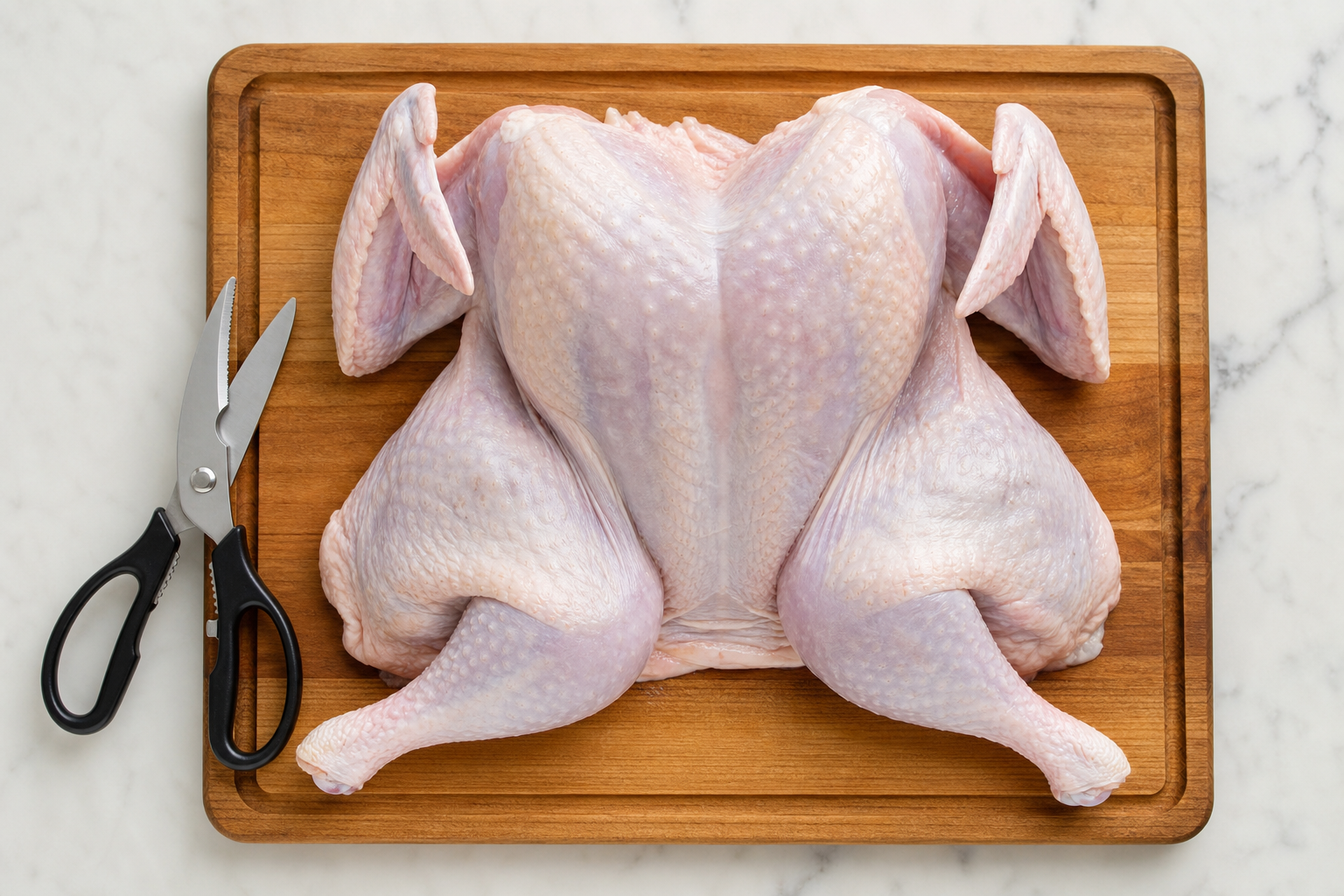 How to Smoke a Turkey on a Pellet Grill (Crispy Skin Guide) 8 Spatchcocked turkey flattened on cutting board with kitchen shears