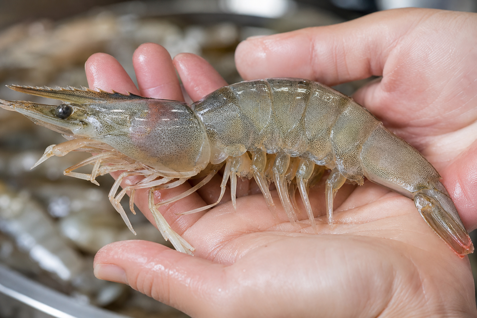 How to Buy Shrimp: Fresh vs Frozen, Sizing, and What to Look For 10 Close-up of hands inspecting fresh quality shrimp showing shell and color details