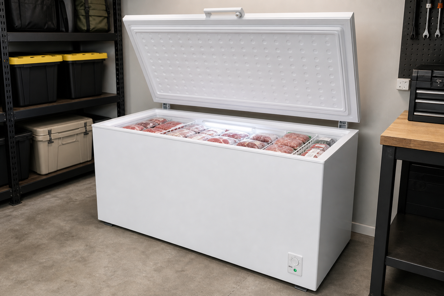 Open chest freezer with organized frozen meat packages inside