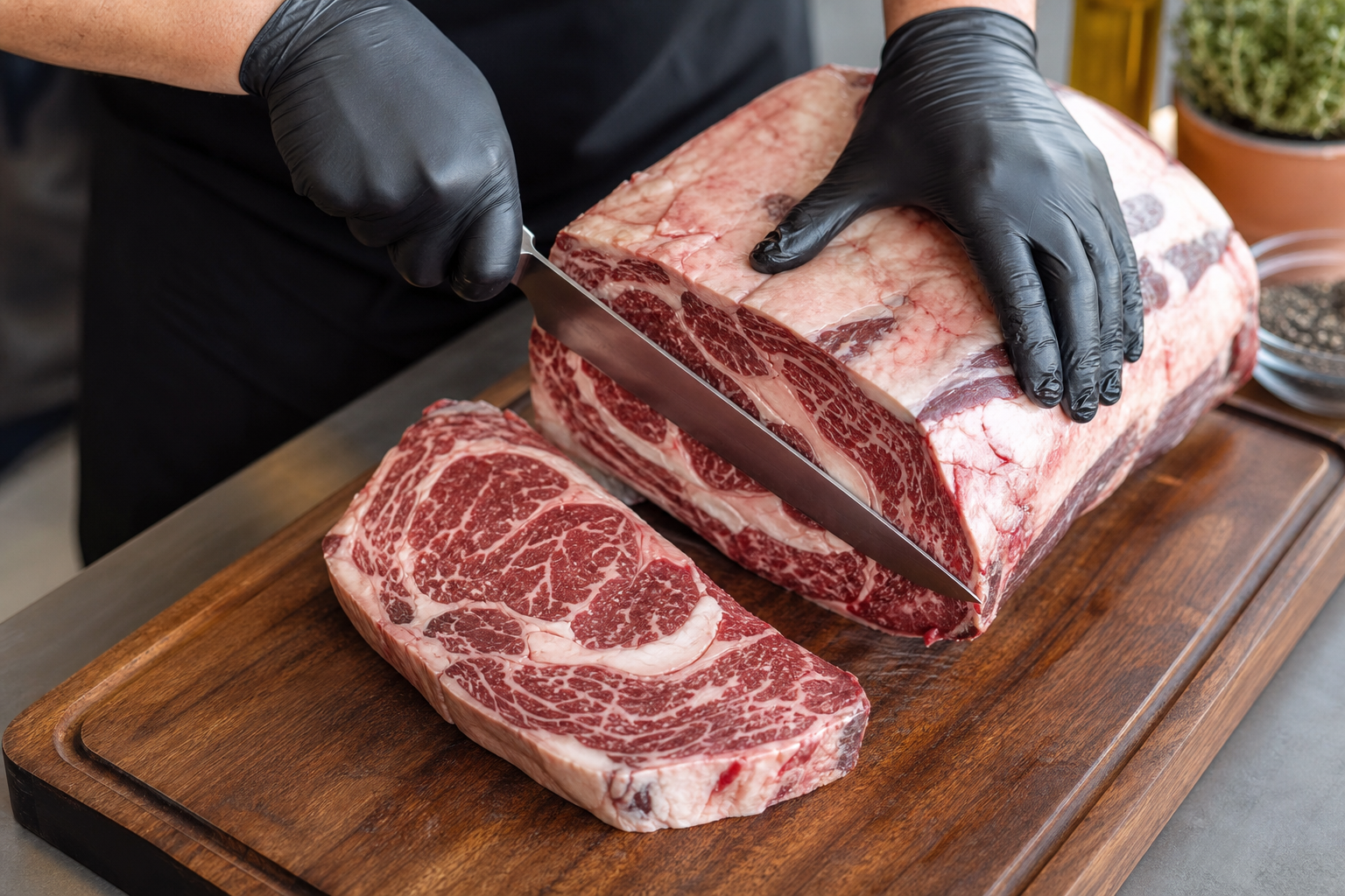 How to Cut Your Own Ribeye Steaks from a Whole Costco Primal 9 Hands cutting a ribeye primal into individual steaks on a wooden cutting board