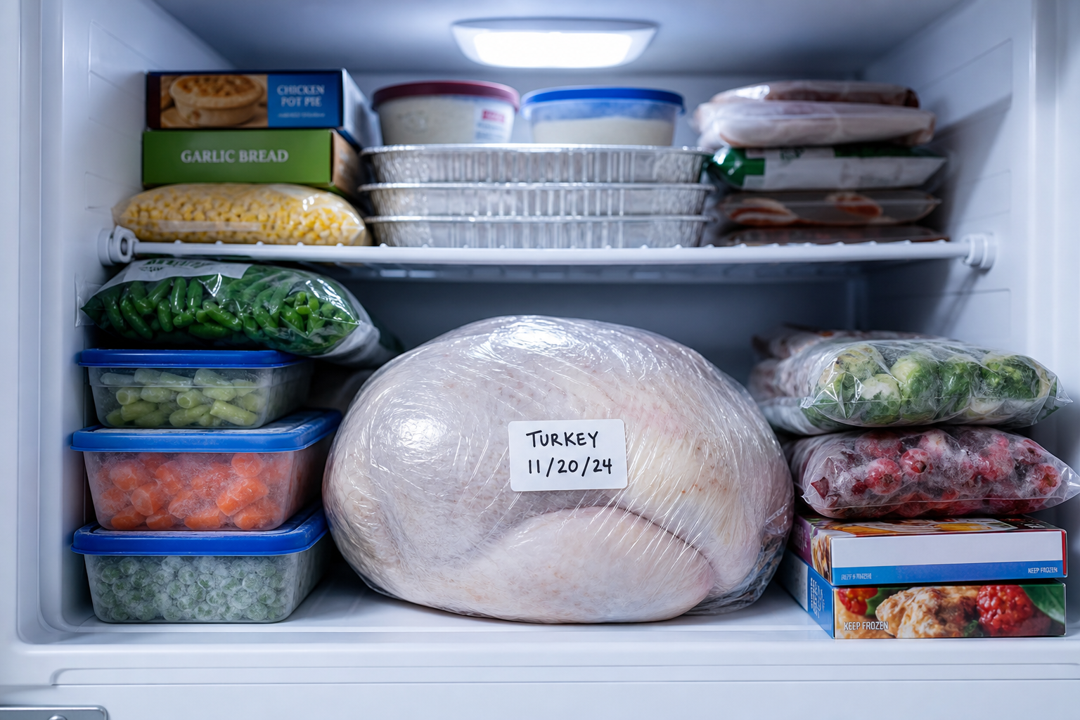 Properly wrapped and labeled frozen turkey stored in an organized home freezer