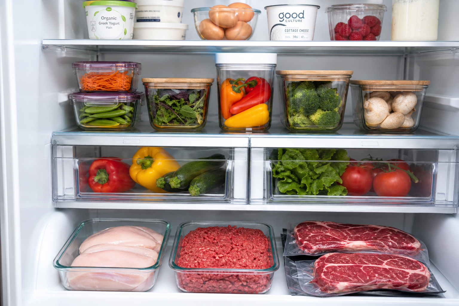 Refrigerator interior showing raw meat stored on the bottom shelf below other foods