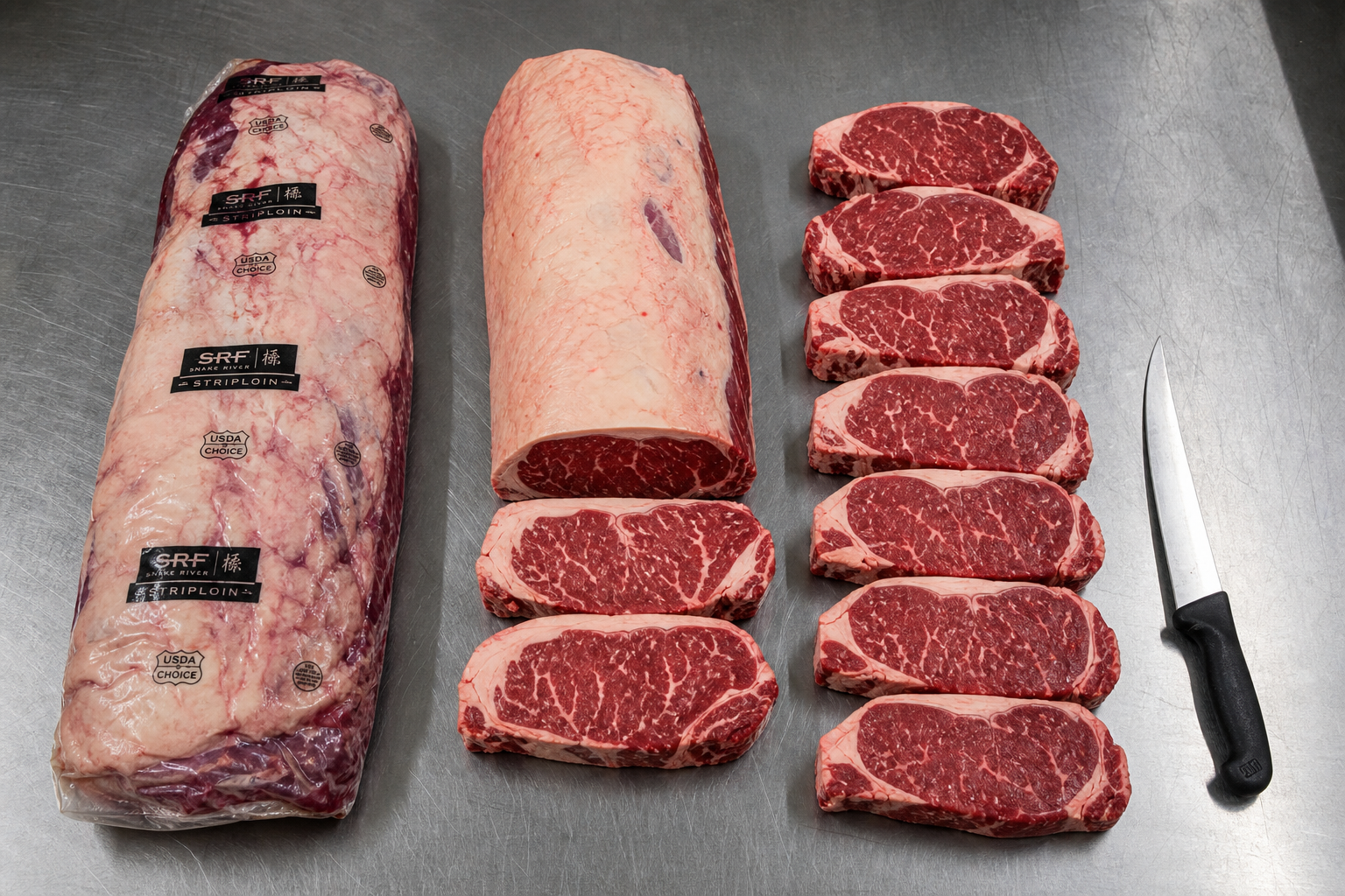 Costco Kirkland Steaks: Why Choice Grade Beats Most Stores 7 Whole beef sub-primal cut next to individual steaks on butcher table
