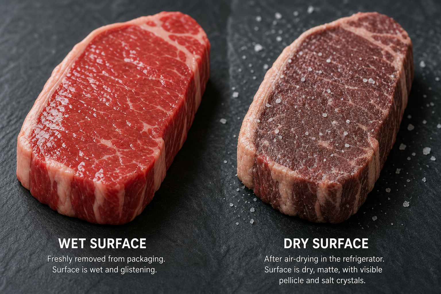 Comparison of wet versus dry steak surfaces showing texture differences