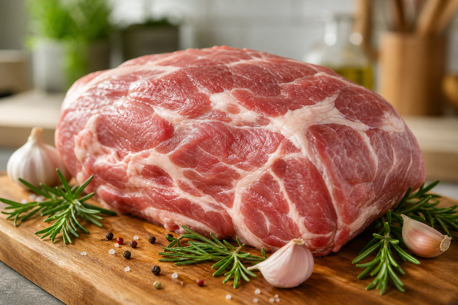 5 Affordable Beef Alternatives When Prices Are Too High 7 Raw pork shoulder roast on wooden cutting board with herbs