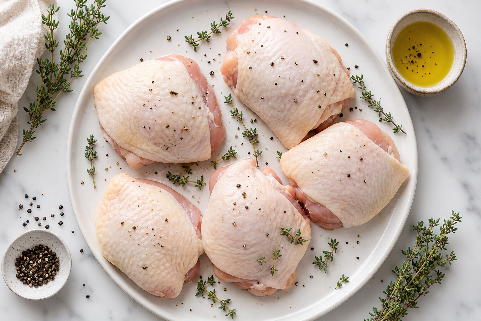5 Affordable Beef Alternatives When Prices Are Too High 9 Fresh raw chicken thighs on white plate with herbs and seasonings