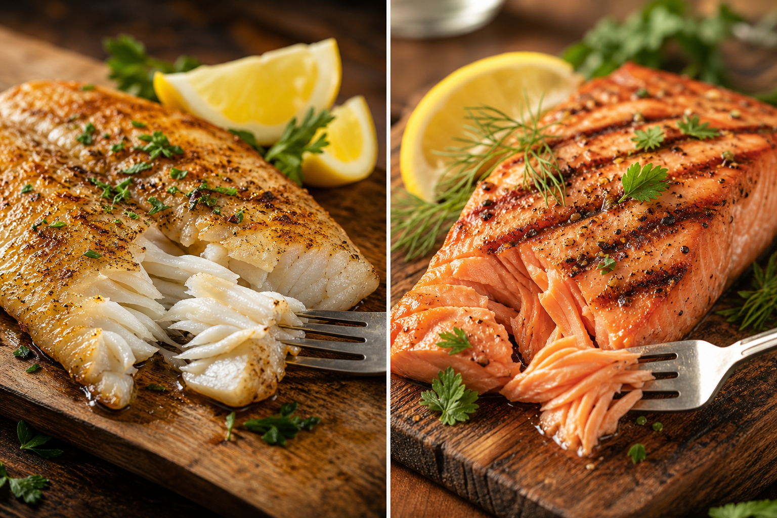 Cooked tilapia and salmon fillets showing different textures and appearance