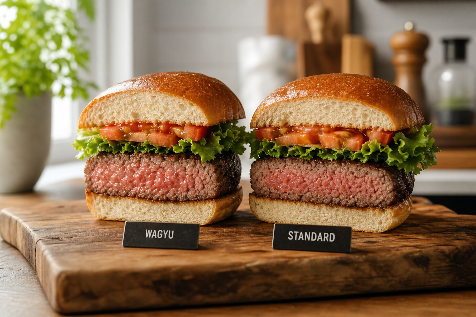 Is Wagyu Ground Beef Worth the Price? Honest Analysis 7 Two gourmet hamburgers side by side for comparison on wooden board