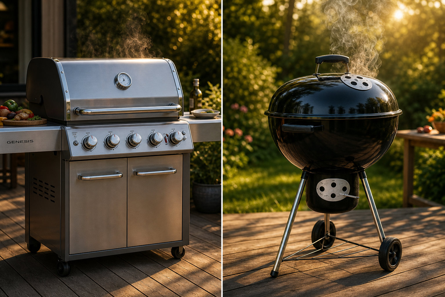 Gas grill with temperature control knobs next to charcoal grill with air vents