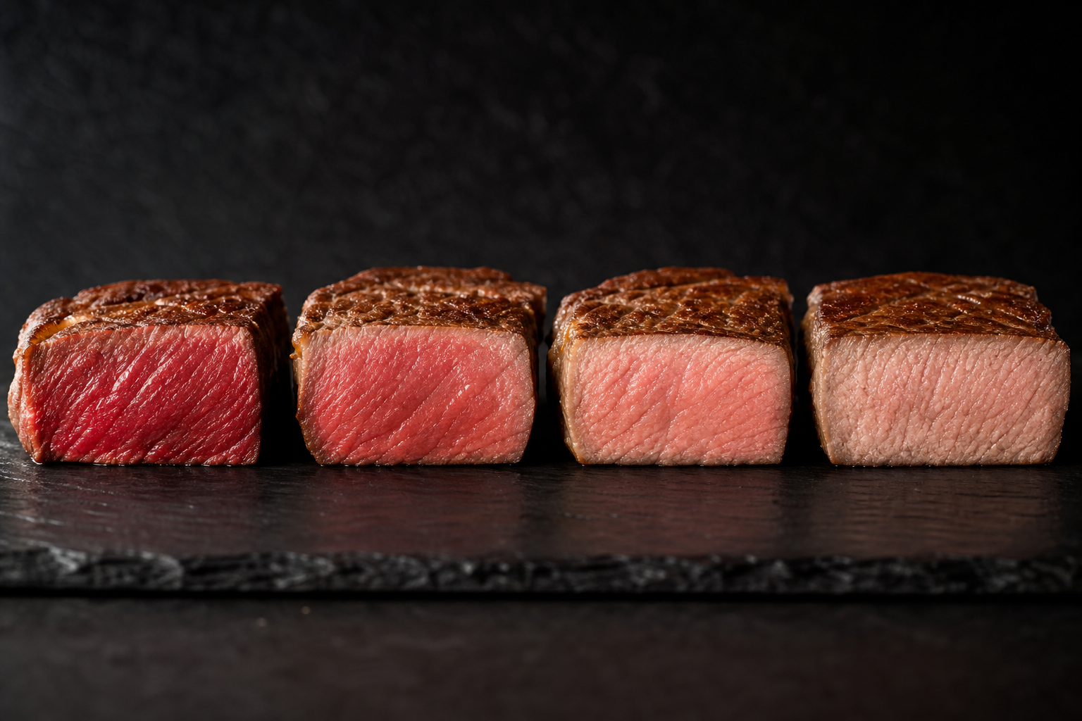 Sous Vide Steak Guide: Temperature, Equipment, and Tips 9 Four steak cross-sections showing different doneness levels from rare to medium-well
