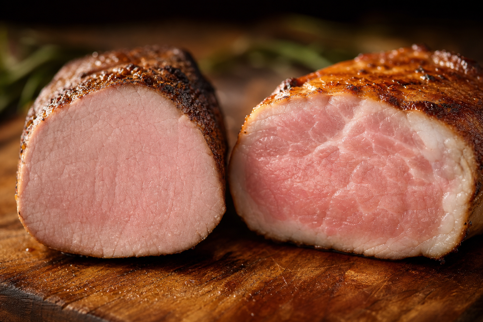 Cross-section comparison of cooked pork tenderloin and pork loin showing texture differences