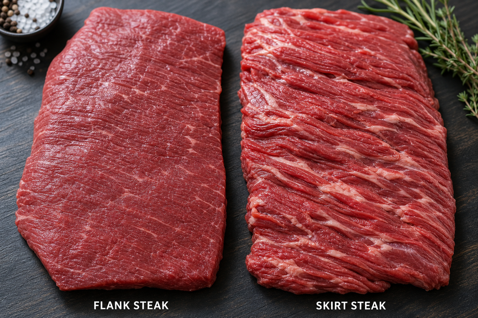 Close-up comparison of flank steak and skirt steak showing texture differences