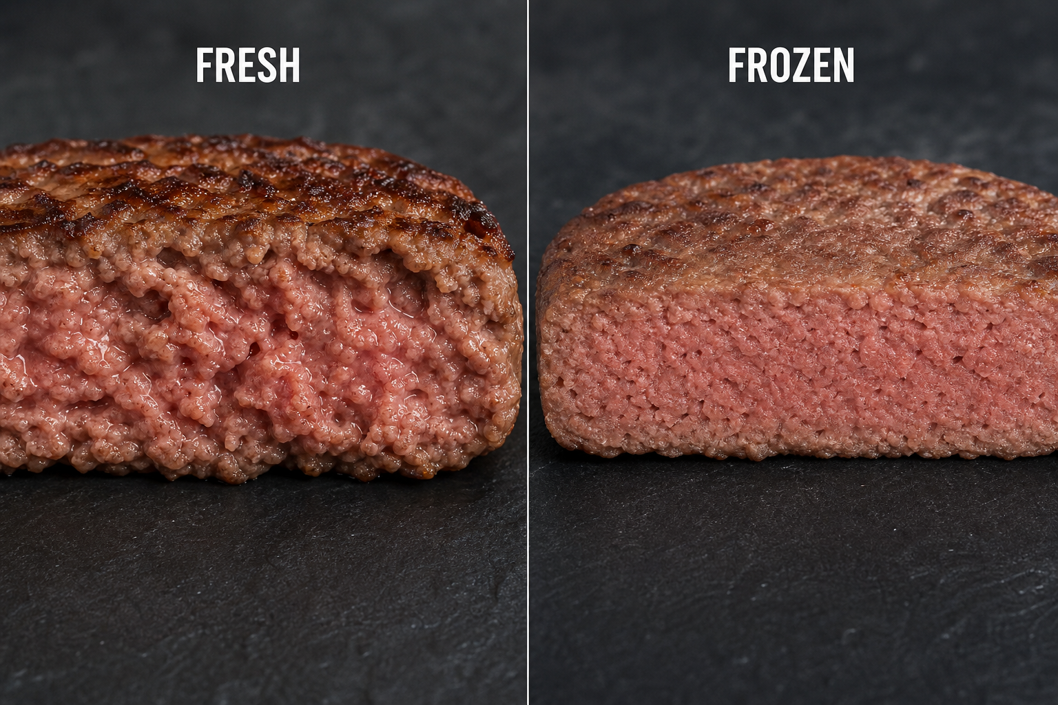 Fresh vs Frozen Burger Patties: Taste, Cost & Texture Compared 6 Side-by-side comparison of fresh and frozen burger patty textures showing internal meat fiber differences