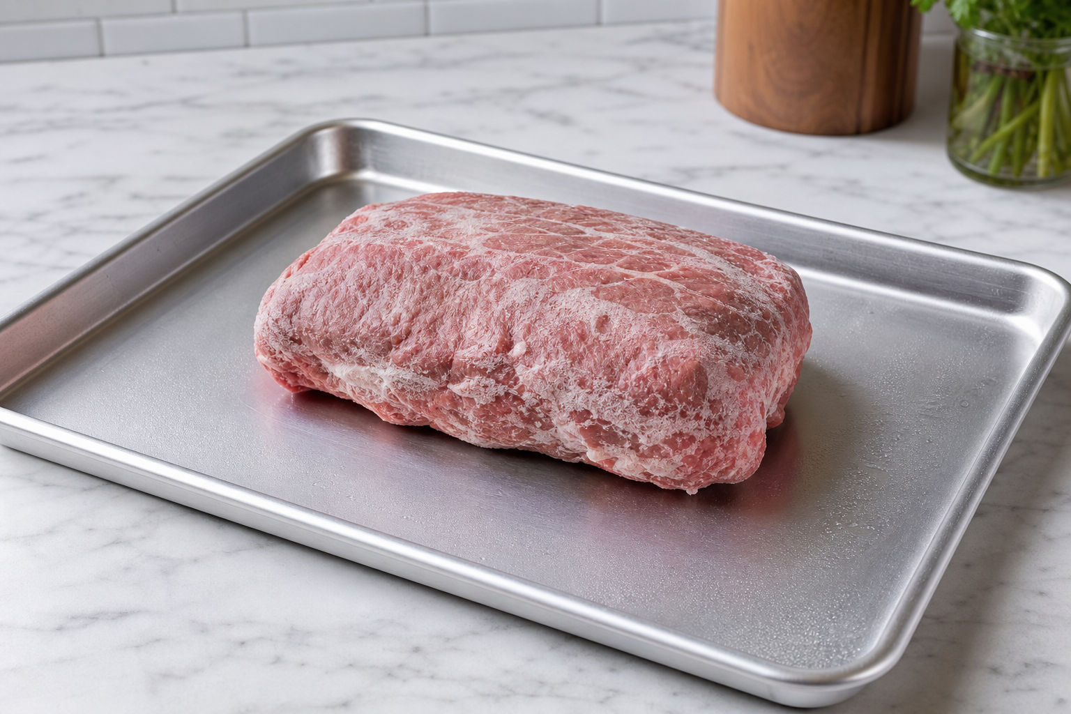 Frozen meat thawing on aluminum tray demonstrating heat conductivity hack