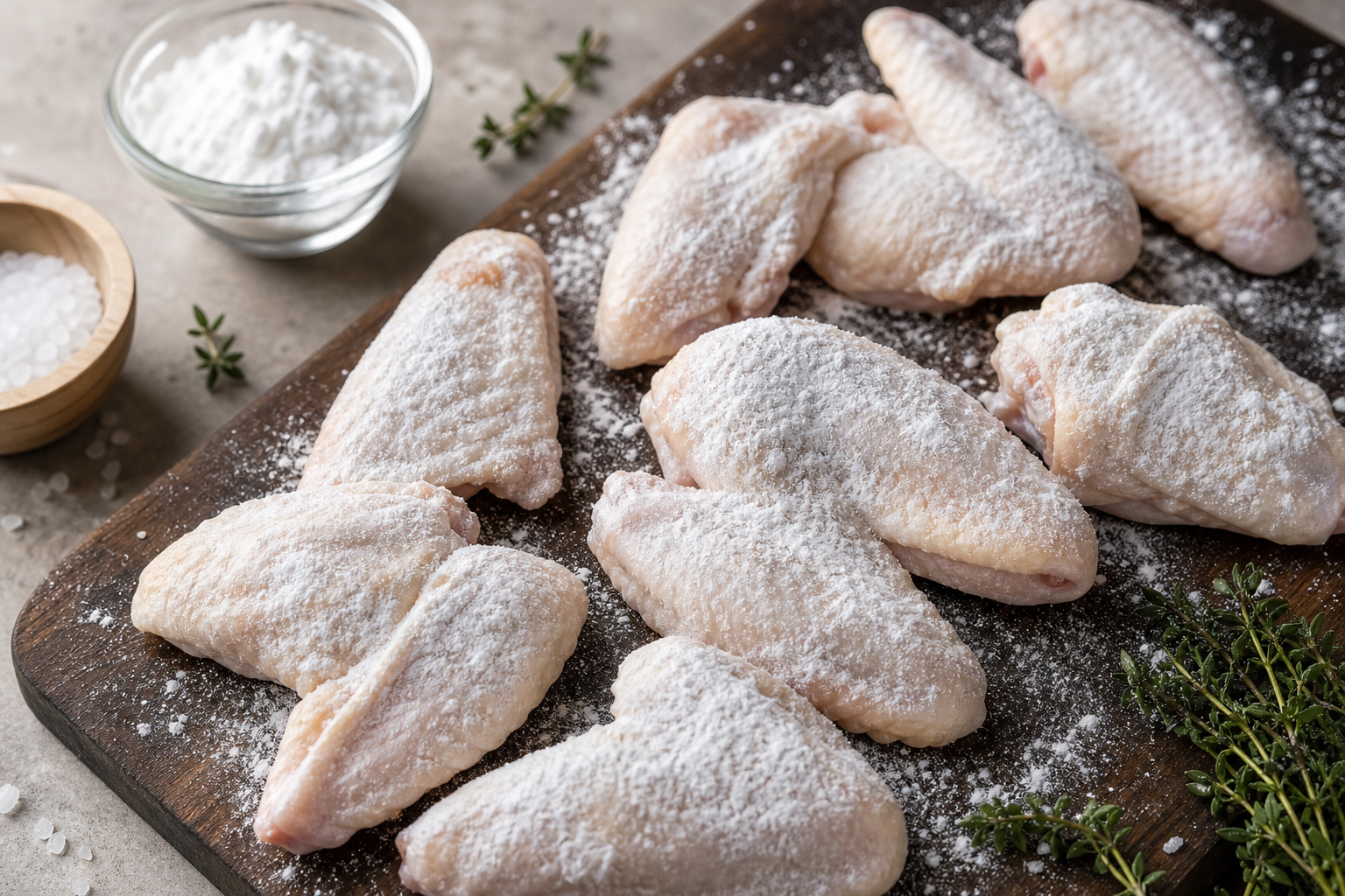 Crispy Smoked Chicken Wings on a Pellet Grill 7 Raw chicken wings coated in baking powder dry brine on a cutting board