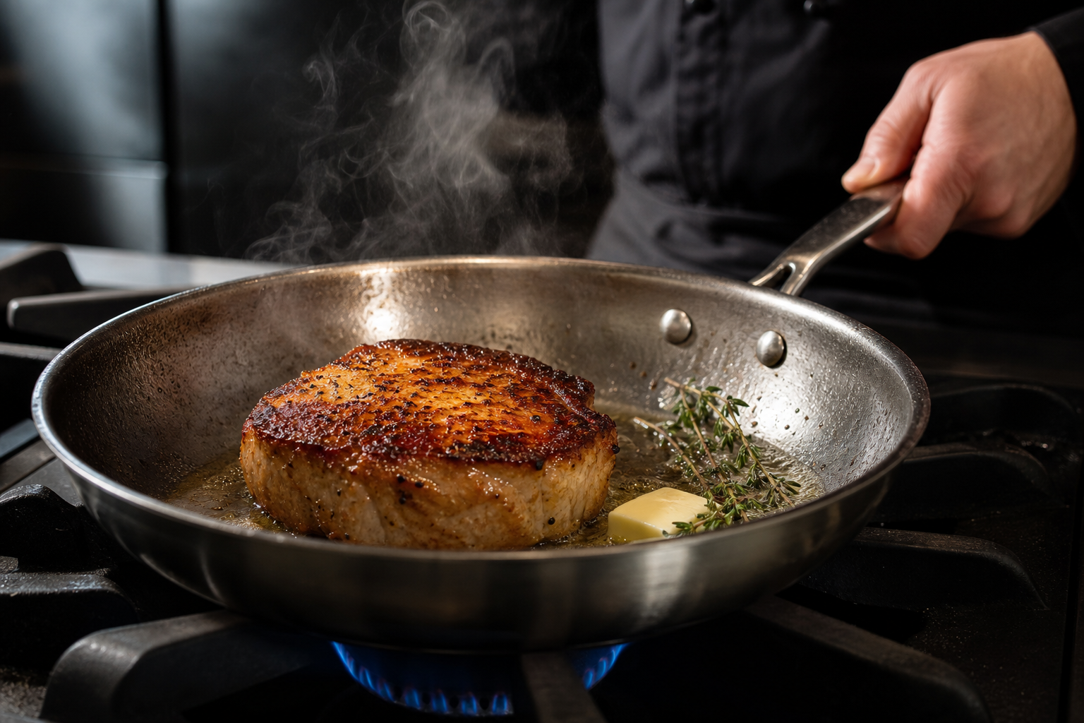Golden-brown pork chop searing in cast iron skillet with herbs and butter