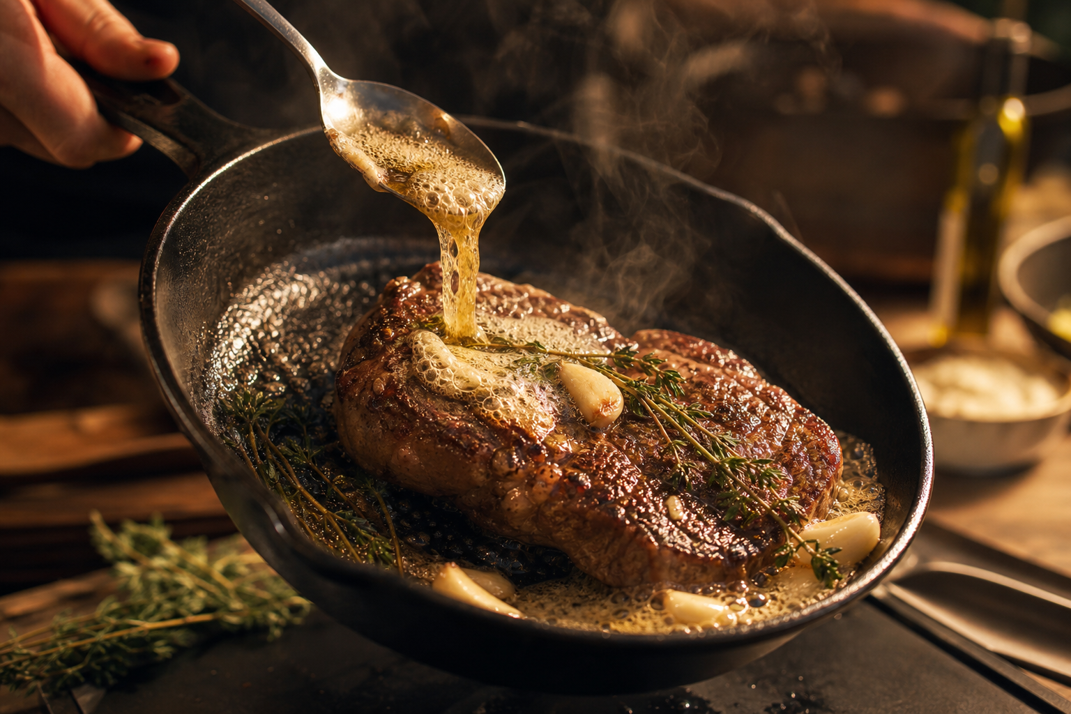 How to Sear Sous Vide Steak for a Perfect Crust 8 Chef spooning hot butter over seared steak in tilted skillet