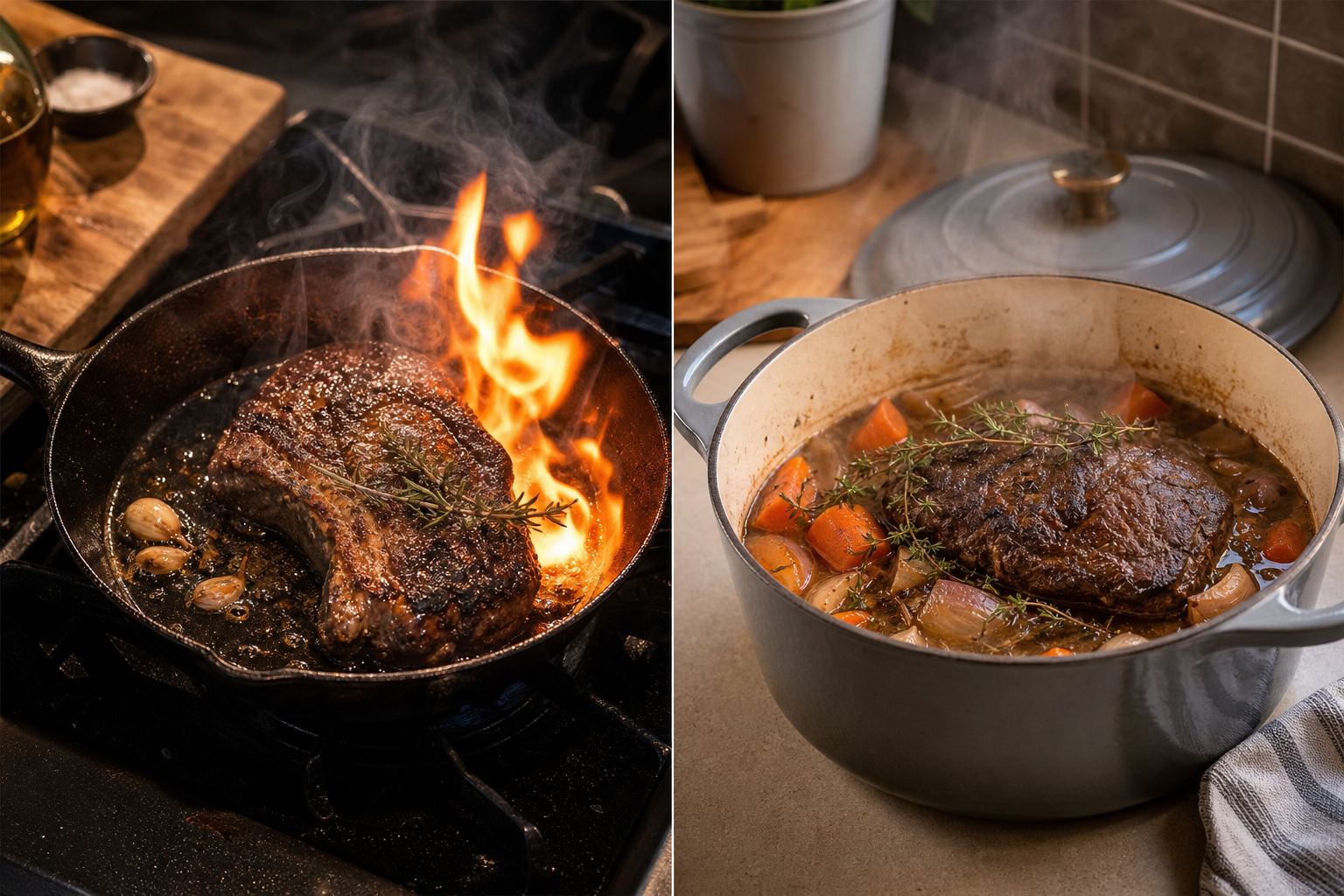 How to Choose Budget Meat Cuts That Cook Like Premium Steaks 8 Side-by-side comparison of searing steak in skillet versus braising meat in Dutch oven