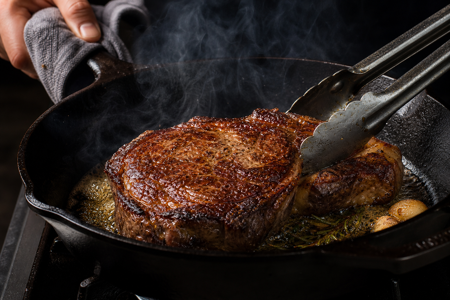 Sous Vide Steak Guide: Temperature, Equipment, and Tips 10 Steak being seared in a hot cast iron skillet with visible browning and smoke