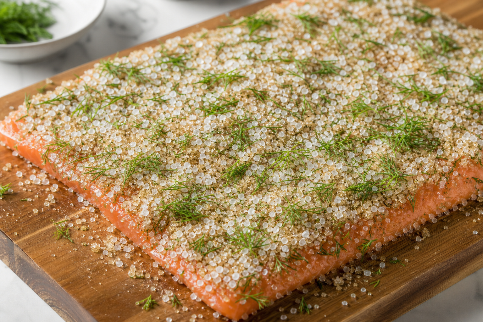 Raw salmon fillet covered with salt, sugar, and dill curing mixture