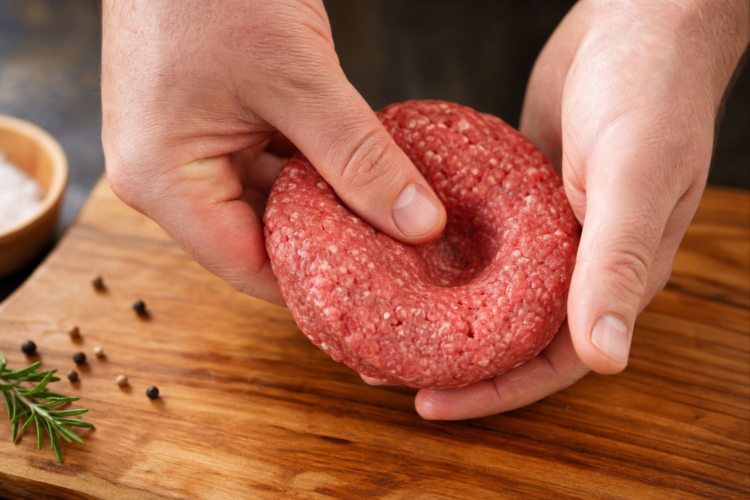 Hands pressing a dimple into the center of a raw hamburger patty