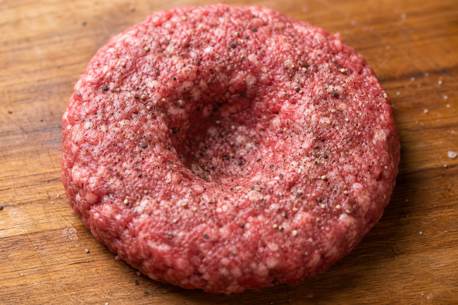 Raw burger patty with thumb dimple pressed into center
