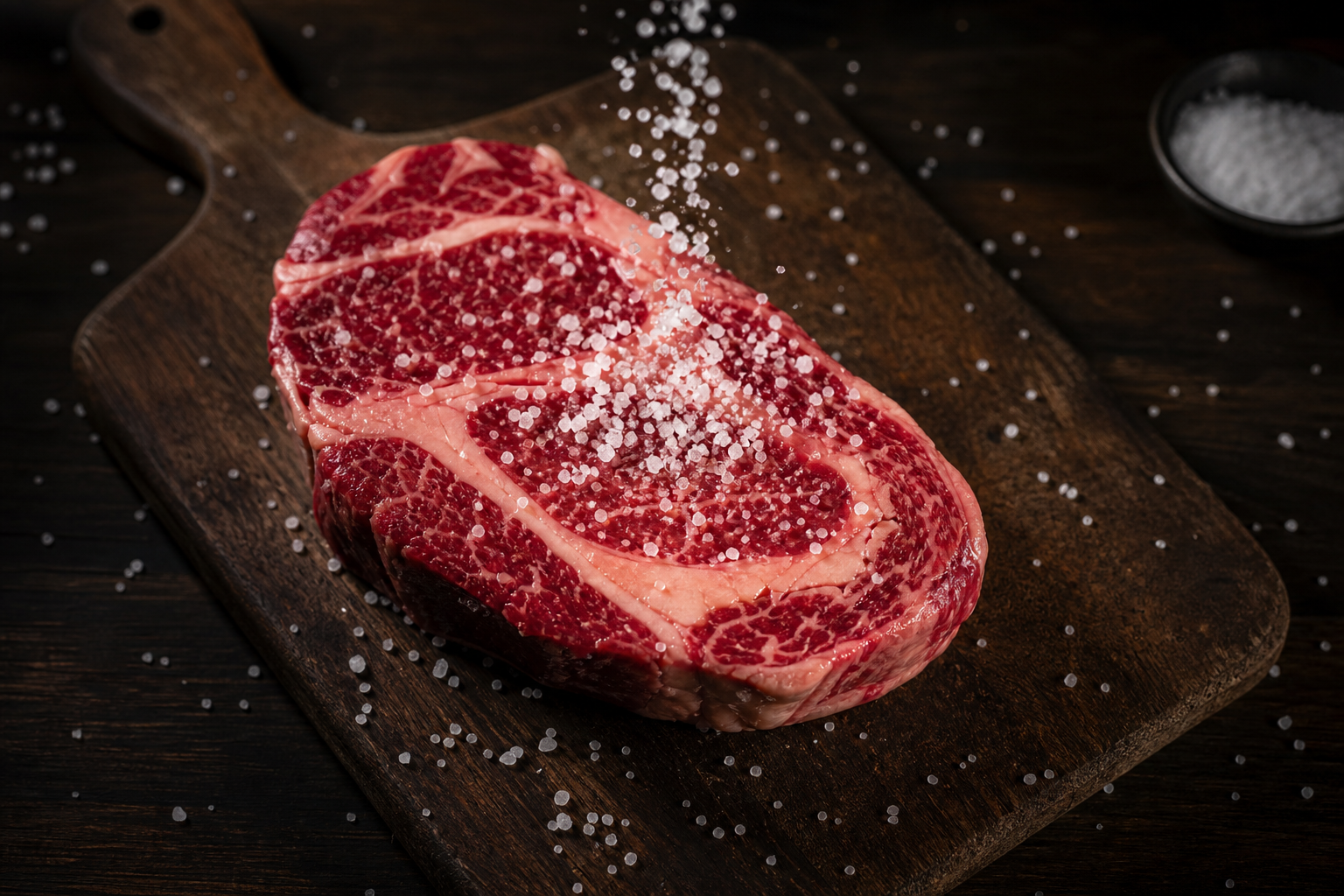 Raw ribeye steak being generously seasoned with coarse salt from above