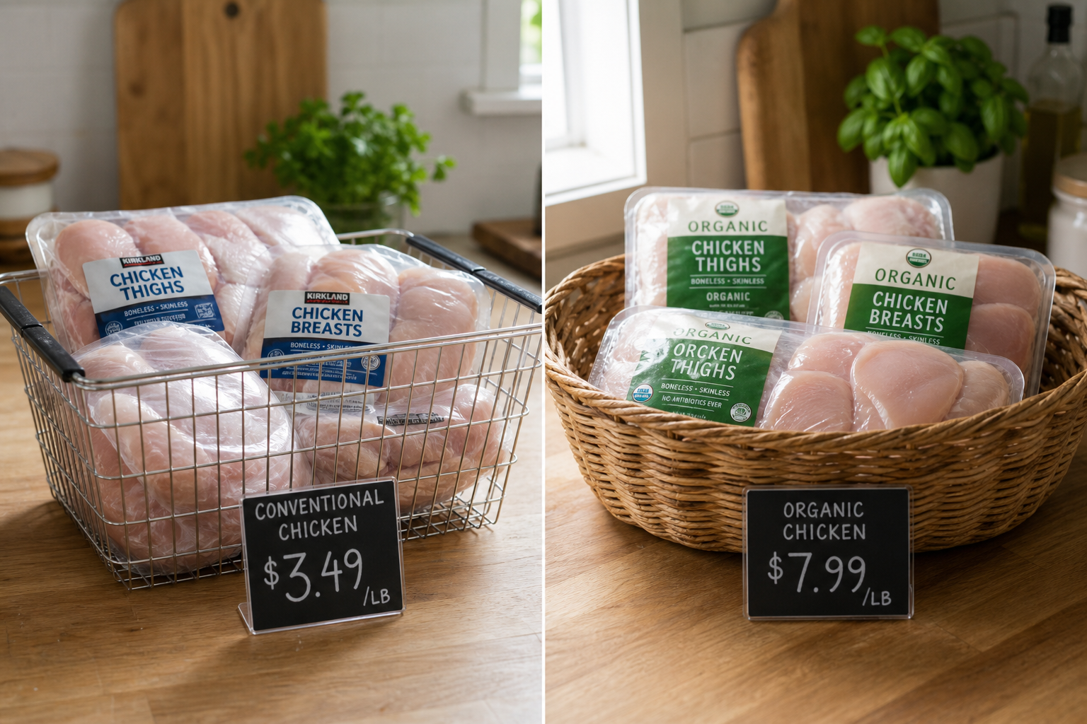 Side-by-side comparison of conventional and organic chicken in shopping baskets showing price differences