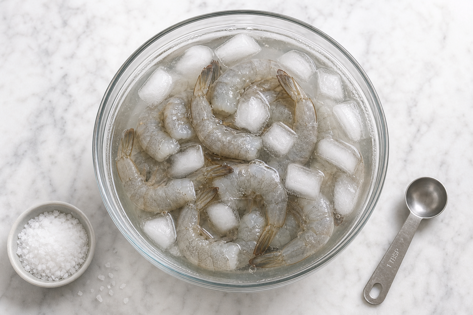 5 Fixes for Mushy Shrimp: Get Firm, Snappy Texture Every Time 6 Raw shrimp soaking in brine solution with ice in a glass bowl