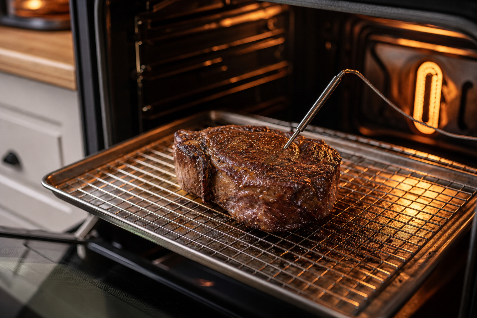 Thick ribeye steak on wire rack in oven with meat thermometer during reverse sear method