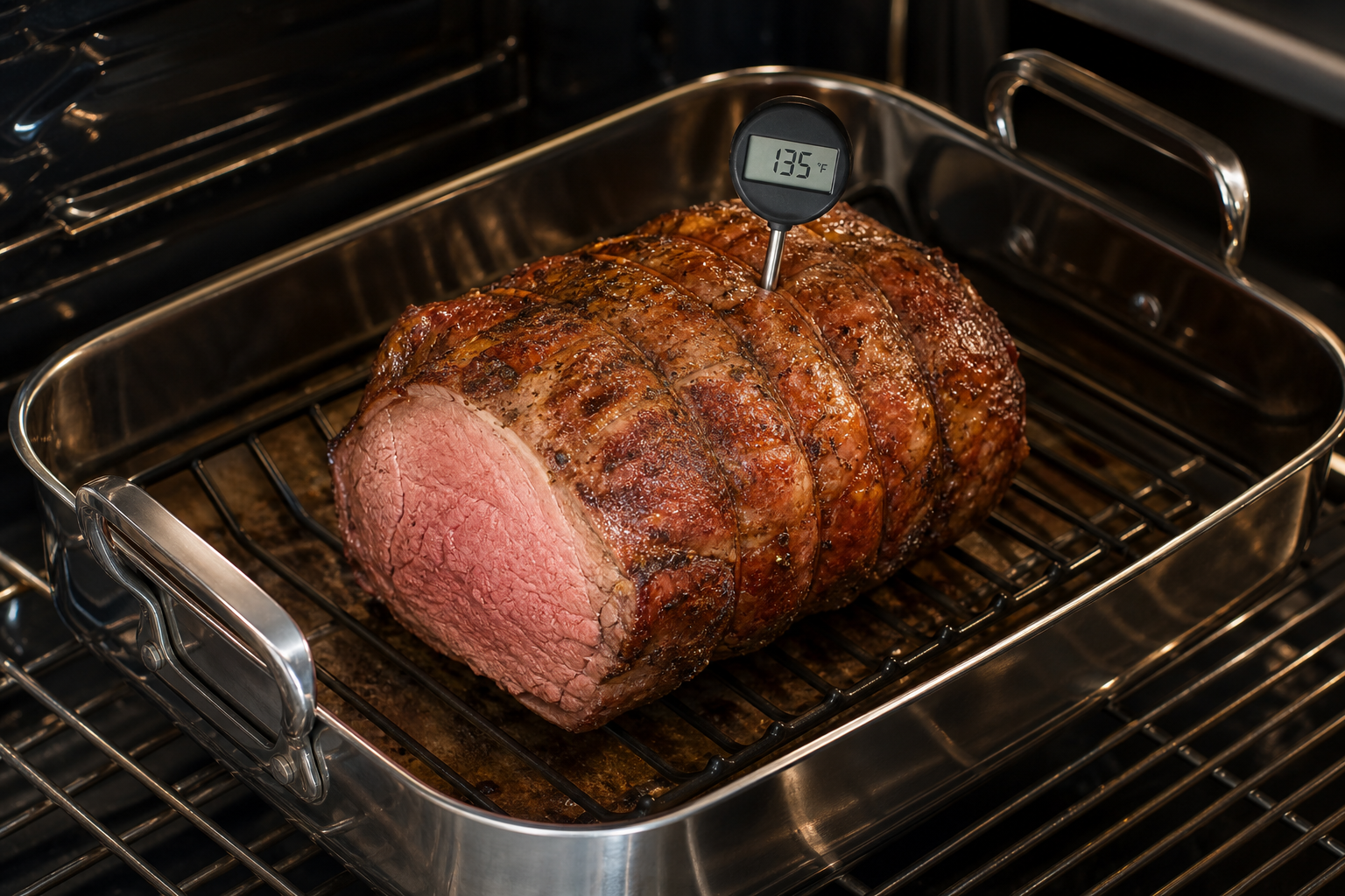 How to Cook Eye of Round Roast (Cheap Beef Done Right) 7 Eye of round roast cooking in oven with meat thermometer
