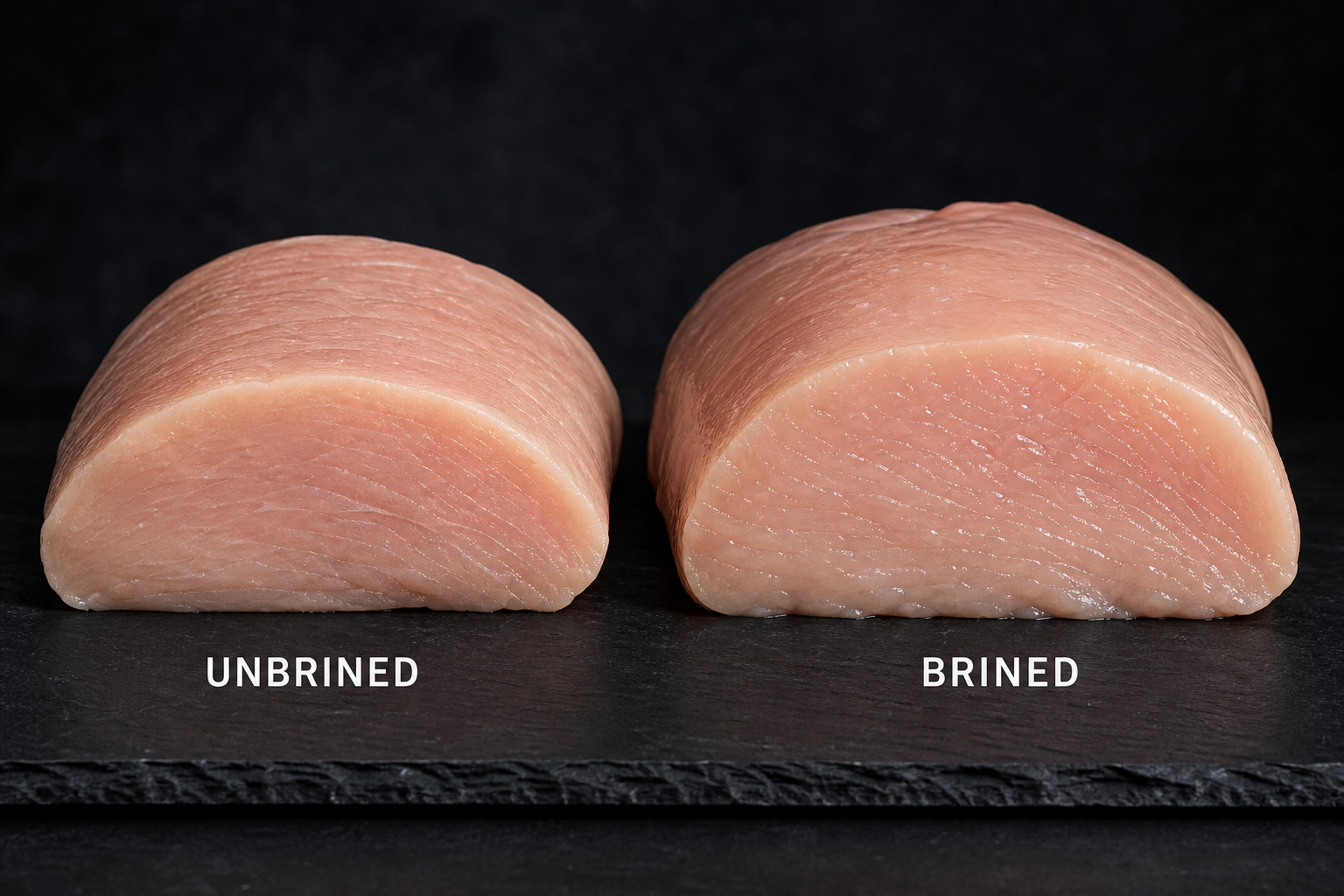 Side-by-side comparison of brined and unbrined chicken breast showing texture differences
