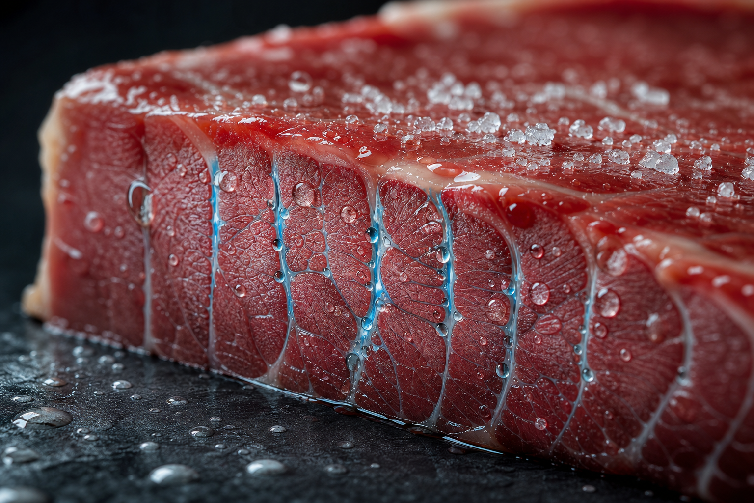 Cross-section of raw steak with salt crystals showing the dry brining process