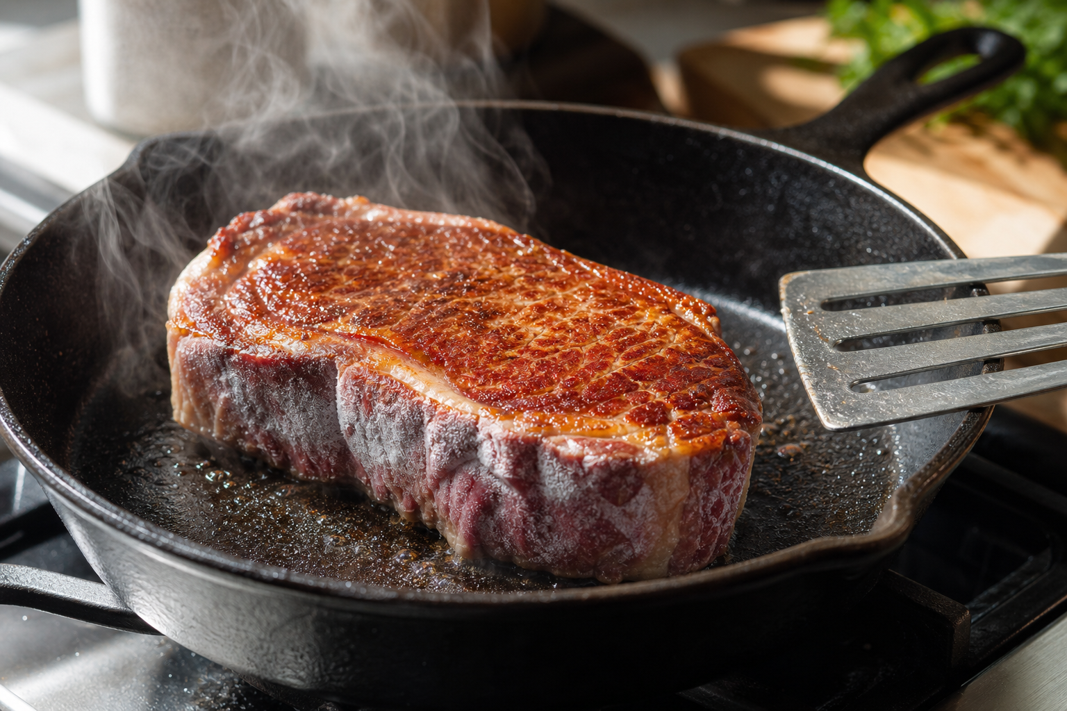 How to Cook a Steak From Frozen for Better Results 8 Frozen steak being seared in a cast iron skillet with visible browning crust