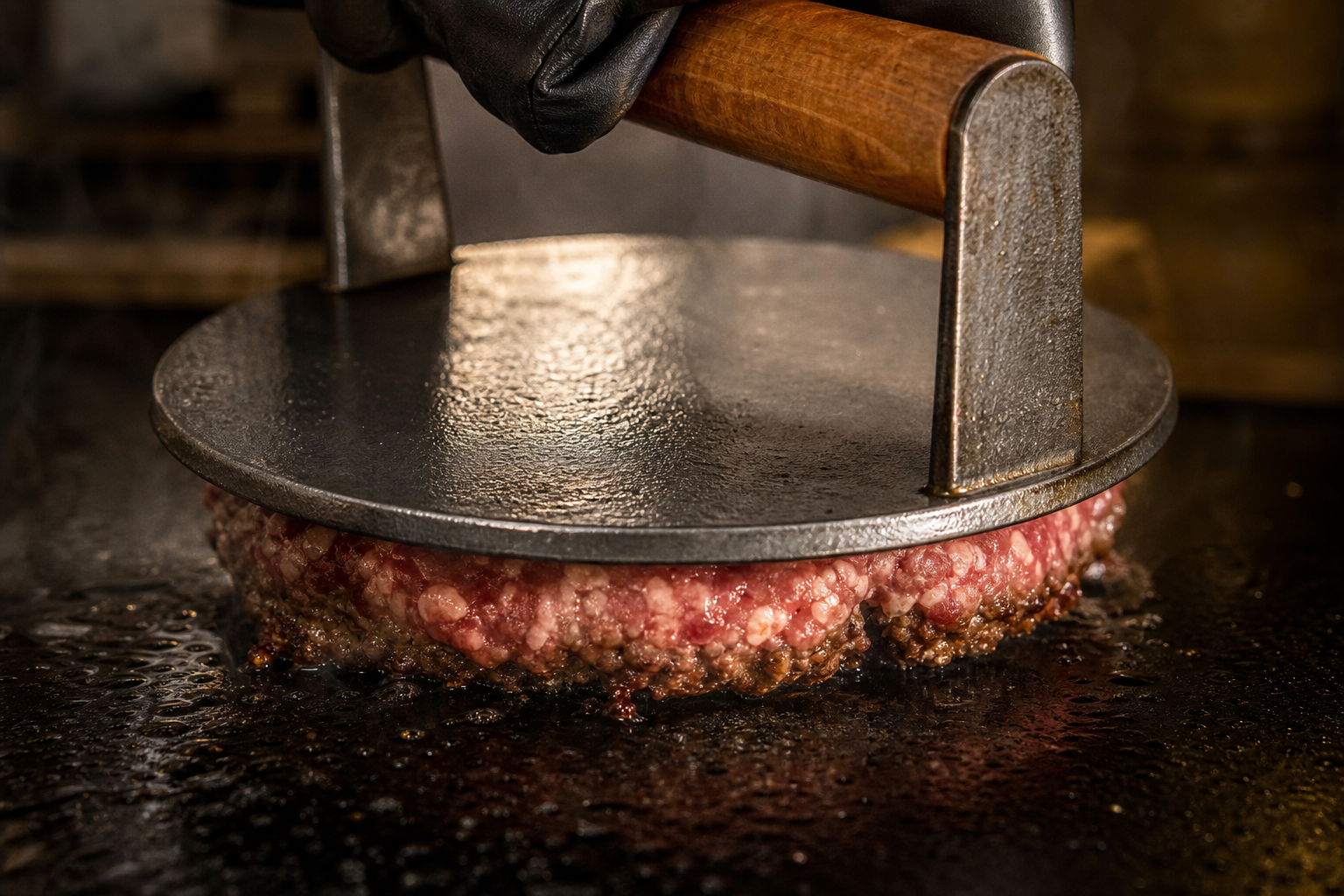 How to Make Perfect Smash Burgers at Home 7 Spatula pressing down on burger patty on hot griddle creating smashed burger