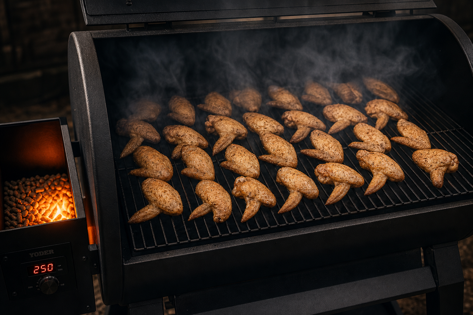 Crispy Smoked Chicken Wings on a Pellet Grill 8 Chicken wings smoking on pellet grill grates with visible smoke