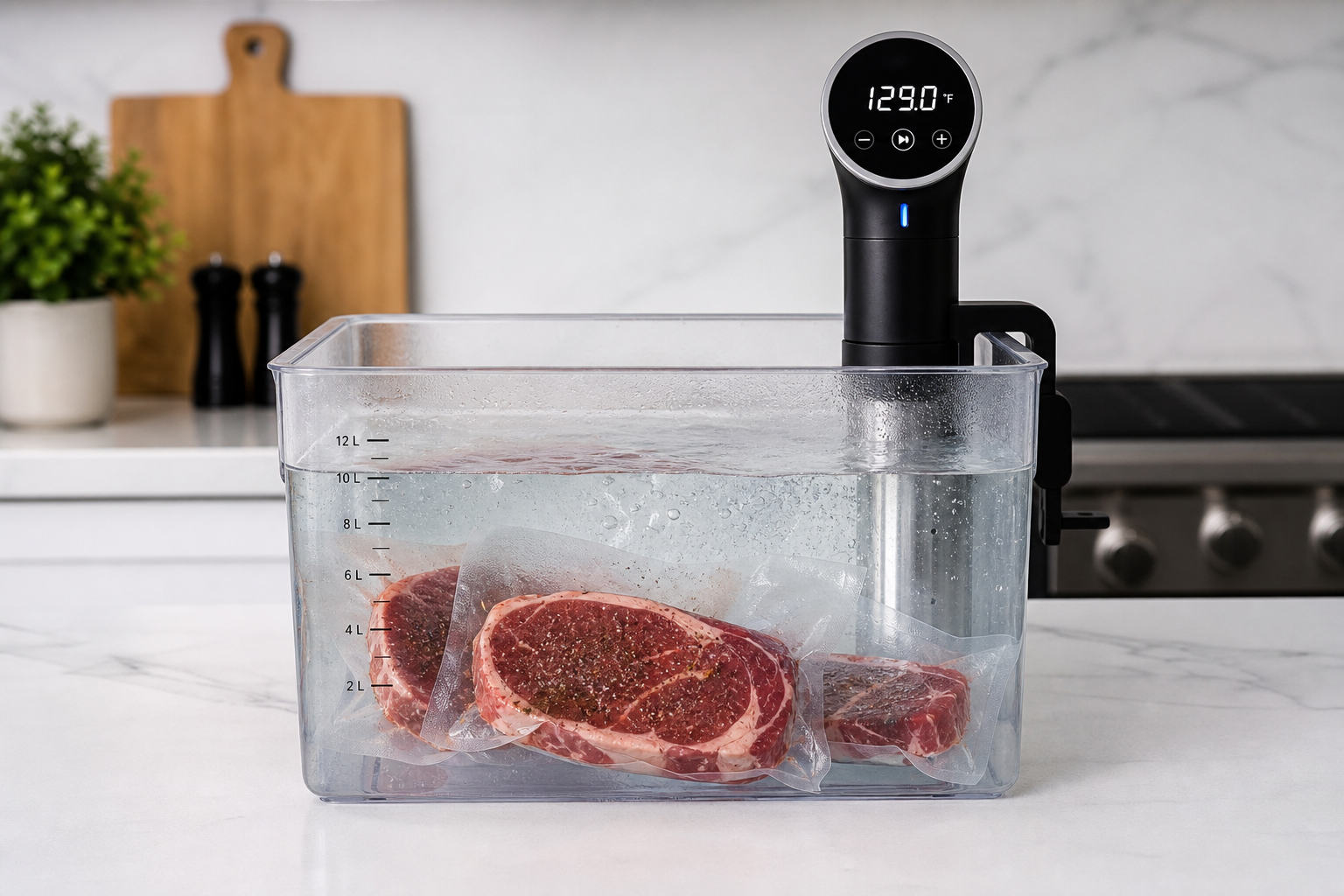 Vacuum-sealed steaks cooking in a sous vide water bath with immersion circulator
