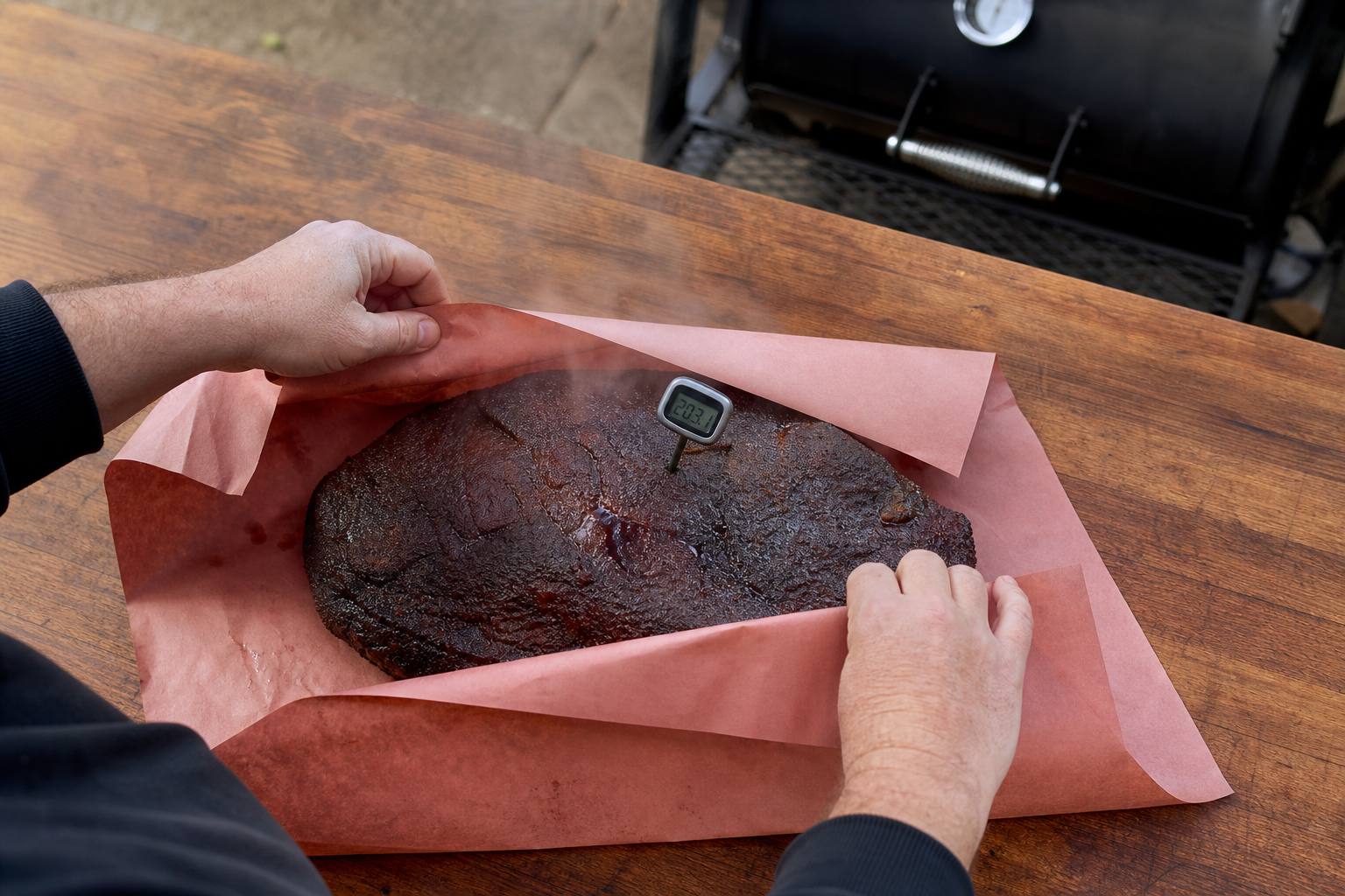 Smoked brisket being wrapped in pink butcher paper with thermometer inserted