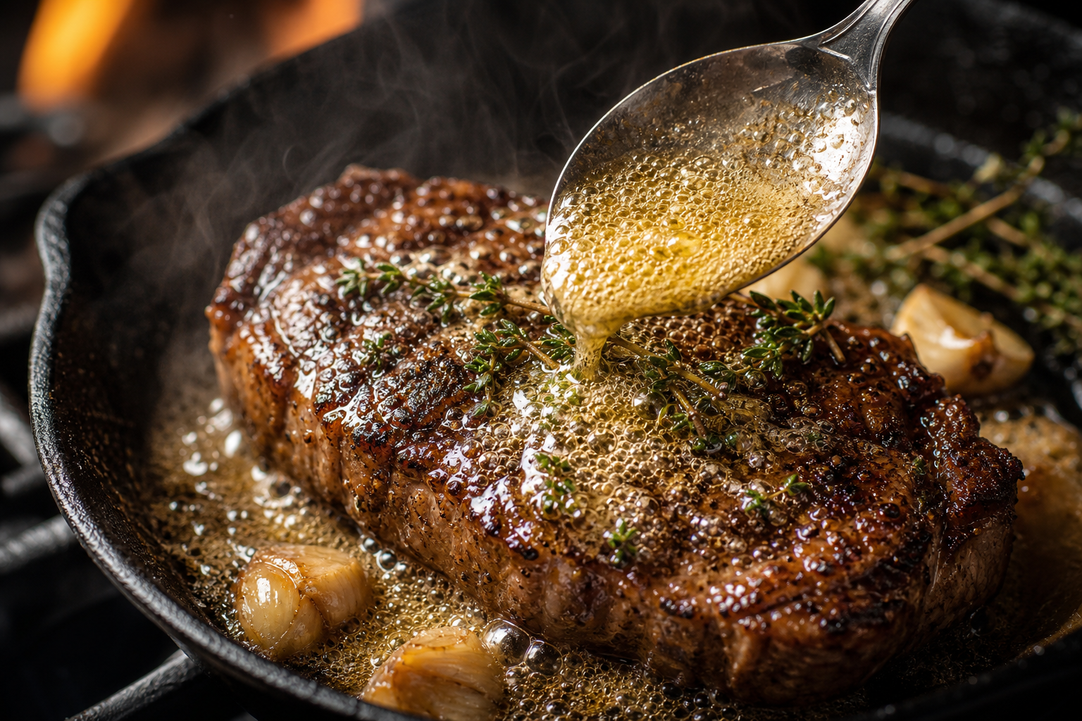 Steak being basted with golden melted butter in a cast iron skillet