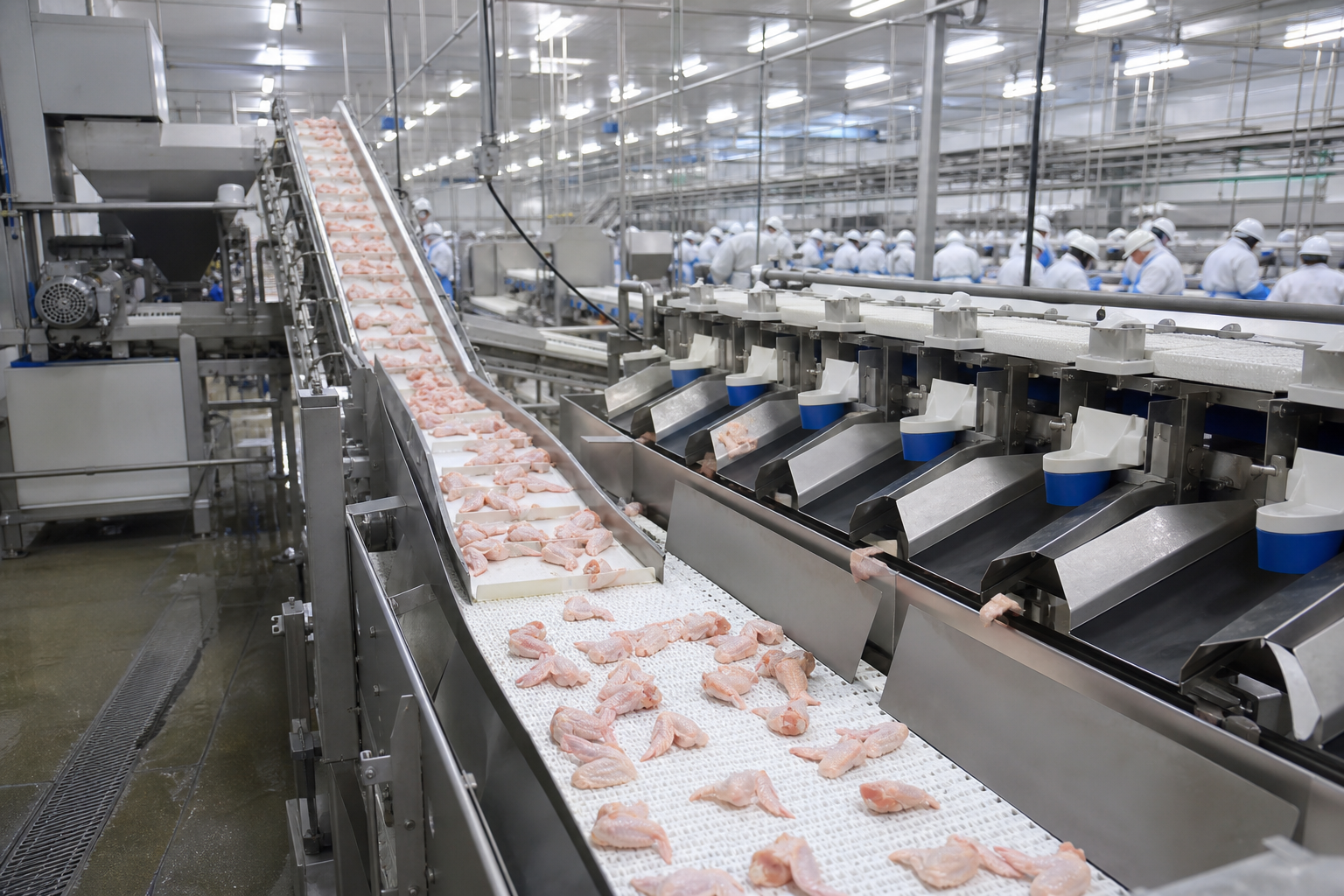 Industrial chicken processing facility showing supply chain operations