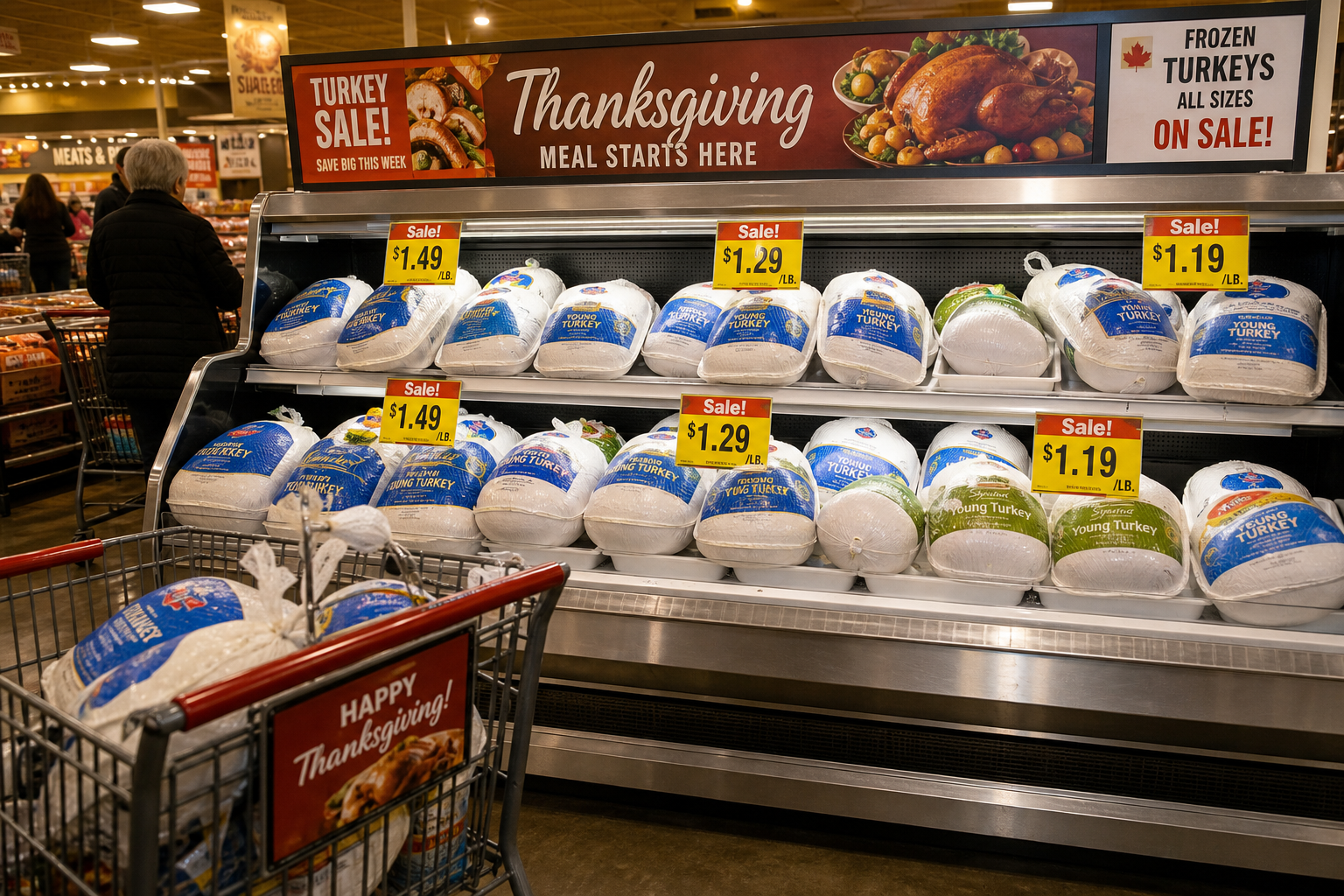 Grocery store display filled with discounted turkeys during Thanksgiving sales