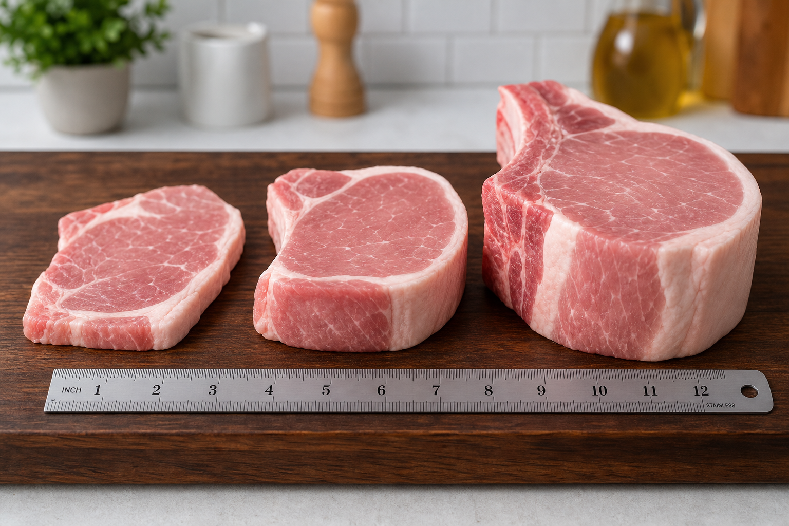 Three raw pork chops of different thicknesses side by side with measuring tool